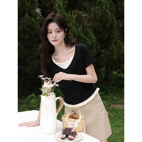 鹿向南【0331/20:00新品前1小时7折限量100件】黑色假两件短袖T恤