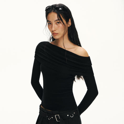 Ariseism黑标 100%羊毛一字肩针织衫女春季新款上衣 商品图2