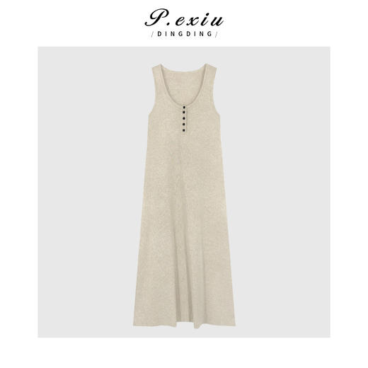 04-1潘依绣丁丁宠粉U领麻料肌理感无袖排扣连衣裙Q71459 商品图0