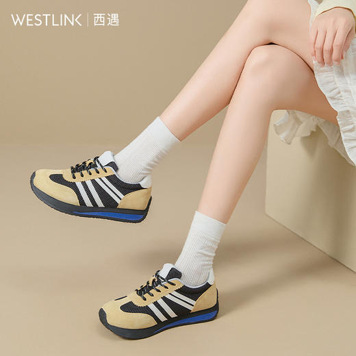 西遇复古德训鞋女新款秋季拼色网面平底休闲鞋透气轻便运动鞋V1656914 商品图4