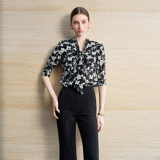 IWY/职场穿搭黑色碎花系带长袖衬衫女高级感时尚穿搭上衣工作服6B02+P2357 商品图3
