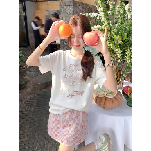 <曾小咸推荐>卡通印花圆领T恤条纹半身裙【预售7-15天发货】 商品图1