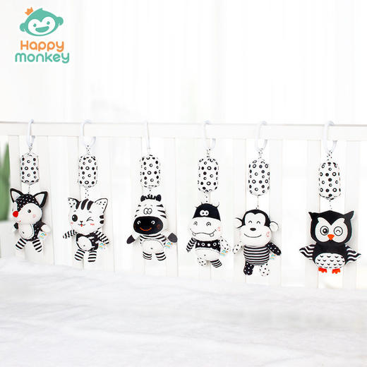 Happy monkey黑白床挂摇铃婴儿推车挂件动物风铃宝宝早教玩具 商品图3