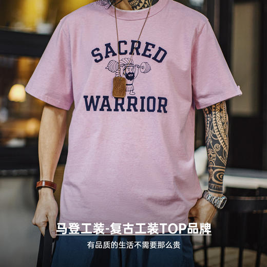 马登工装美式复古印花植绒T恤纯棉小众休闲粉色宽松短袖男款夏季 商品图4