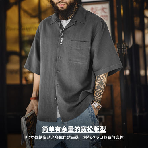 马登工装莱赛尔短袖衬衫天丝古巴领松弛感衬衣美式老钱风外套男夏 商品图3