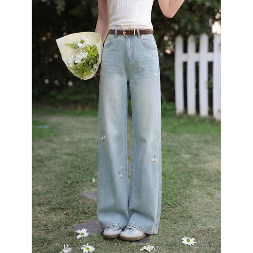 鹿向南「暖煦拾光」韩系浅蓝色阔腿直筒牛仔裤女春季宽松显瘦长裤 商品图1