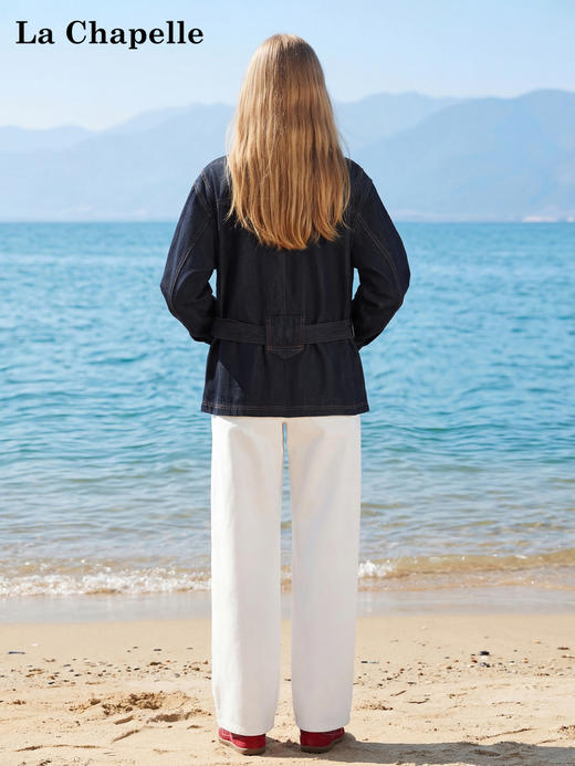 天猫同步【轻奢风牛仔】拉夏贝尔/La Chapelle翻领口袋明线廓形设计配腰带时髦牛仔上衣气质老钱风外套 商品图4