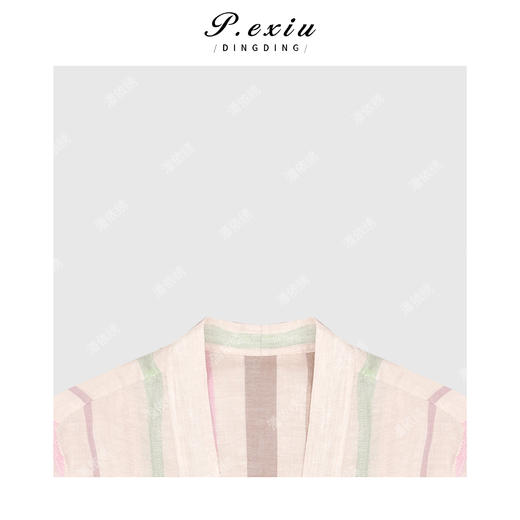 03-5潘依绣丁丁宠粉亚麻撞色条纹V领长袖衬衫 GH022 商品图2