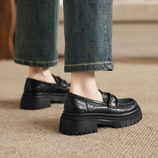 阿么手工女鞋一脚蹬真皮乐福鞋女春季厚底复古小个子真皮单鞋5CM 商品图3