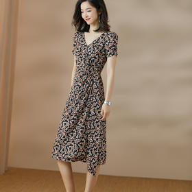 芳外 夏装新款气质复古碎花裙系带修身侧开叉V领连衣裙2546