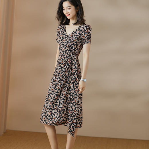 芳外 夏装新款气质复古碎花裙系带修身侧开叉V领连衣裙2546 商品图0