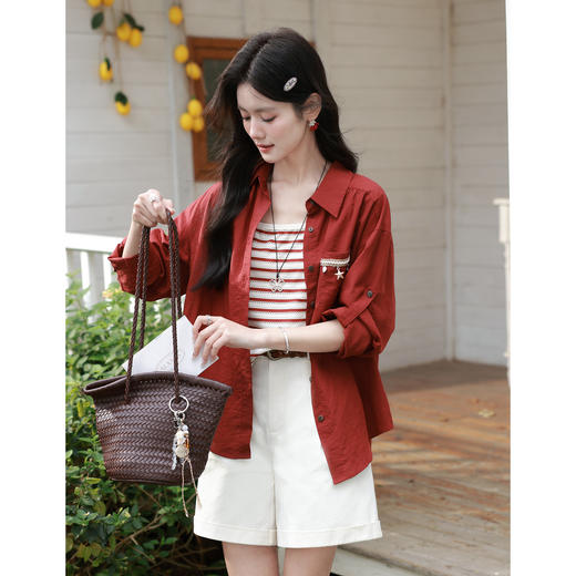 鹿向南【0331/20:00新品前1小时7折限量100件】复古红防晒衬衫 商品图2