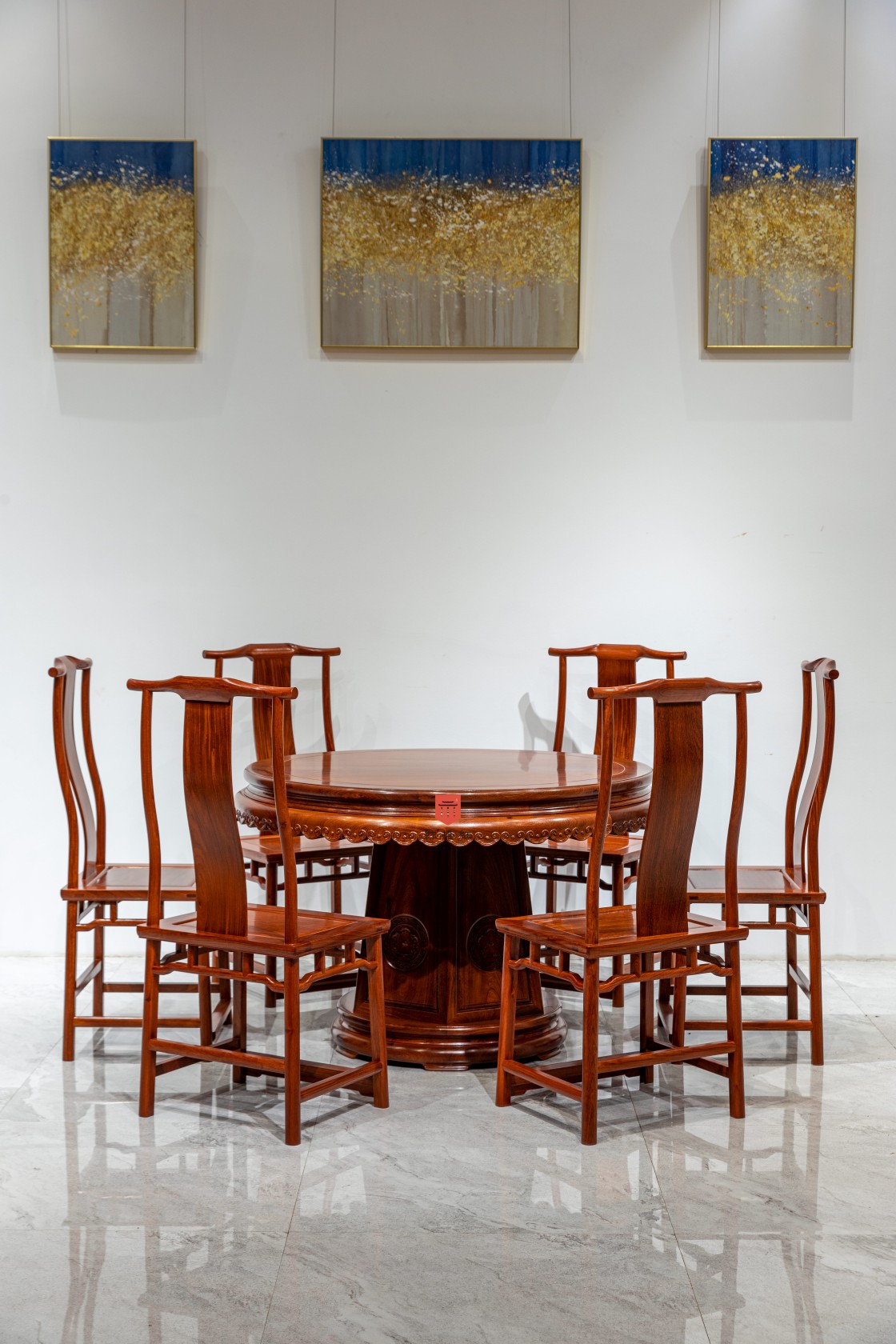 红桥红  家具严选  缅甸花梨(大果紫檀）  【118 雕花牙边六角底座 圆餐桌 七件套】