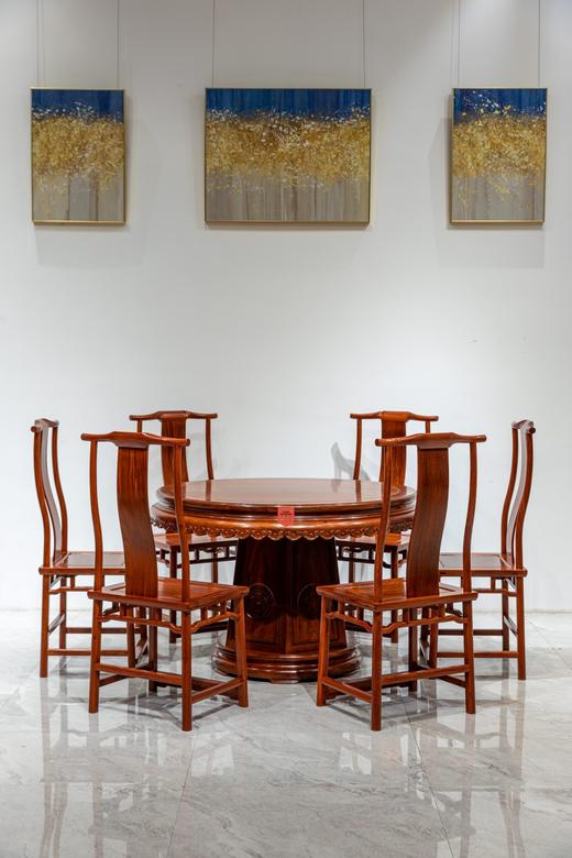 红桥红  家具严选  缅甸花梨(大果紫檀）  【118 雕花牙边六角底座 圆餐桌 七件套】 商品图0