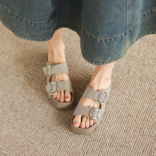 阿么手工女鞋厚底防滑夏季勃肯鞋女方头一字时装软底半拖鞋4.5CM 商品图2