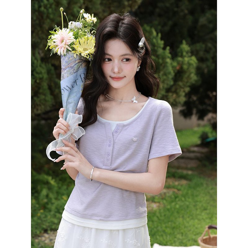 鹿向南【0331/20:00新品前1小时7折限量100件】紫色假两件短袖T恤