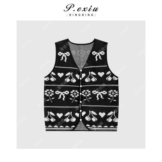 04-1潘依绣丁丁宠粉天丝亚麻重工樱桃提花V领马甲针织开衫D410 商品图1