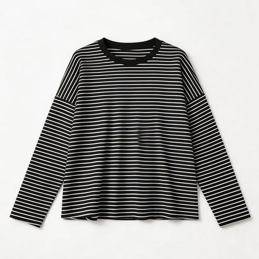 【门店同款】MAXNEW松弛感条纹长袖T恤女莱赛尔氨纶百搭显瘦上衣 商品图1