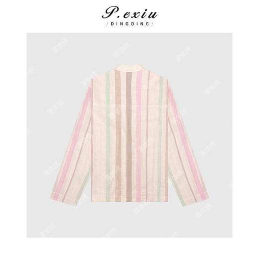 03-5潘依绣丁丁宠粉亚麻撞色条纹V领长袖衬衫 GH022 商品图1