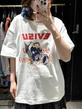原单，无吊牌， 福神EVISU 锦鲤印花短袖正面红色EVISU字母+卡通人物+锦鲤图案     锦鲤短袖