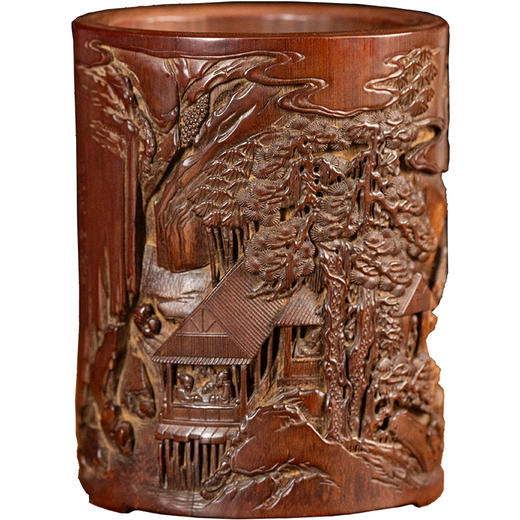 清	竹雕山水人物诗文笔筒 商品图5