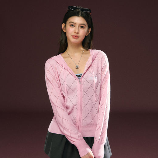 Ariseism 美式复古粉色菱格连帽针织外套女春季新款上衣 商品图1