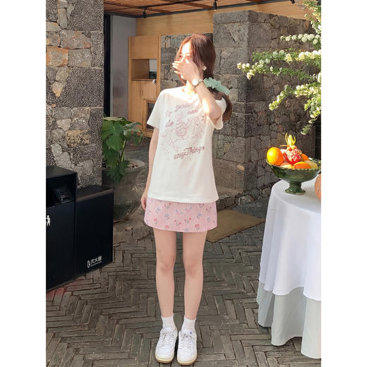 <曾小咸推荐>卡通印花圆领T恤条纹半身裙【预售7-15天发货】 商品图3
