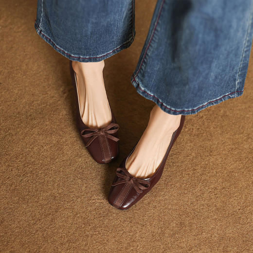 阿么手工女鞋蝴蝶结浅口一脚蹬方头单鞋新款复古优雅高跟鞋6.3CM 商品图4