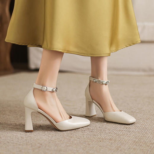 阿么手工女鞋珍珠一字带高跟鞋2026新款银色真皮镂空夏季凉鞋8CM 商品图1