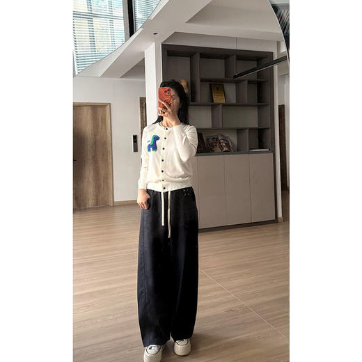 M吉*拉~高级感拼色抽绳松紧腰宽松天丝休闲裤女显瘦阔腿裤 商品图0