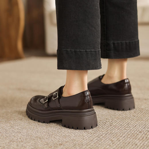 阿么手工女鞋春款厚底乐福鞋真皮英伦风复古皮带扣一脚蹬单鞋4CM 商品图2