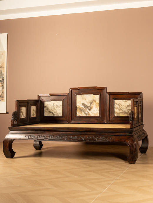 清	红木镶云石七围屏罗汉床 商品图2