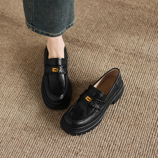 阿么手工女鞋一脚蹬真皮乐福鞋女春季厚底复古小个子真皮单鞋5CM 商品图1