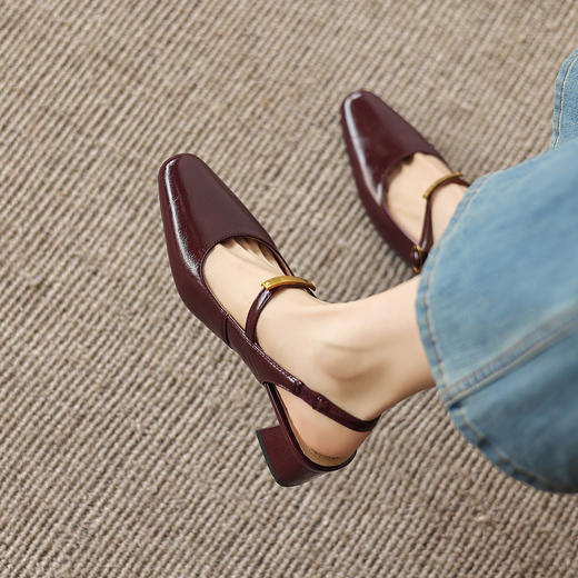 阿么手工女鞋夏季方头粗跟一字带百搭凉鞋外穿复古玛丽珍鞋4.5CM 商品图3