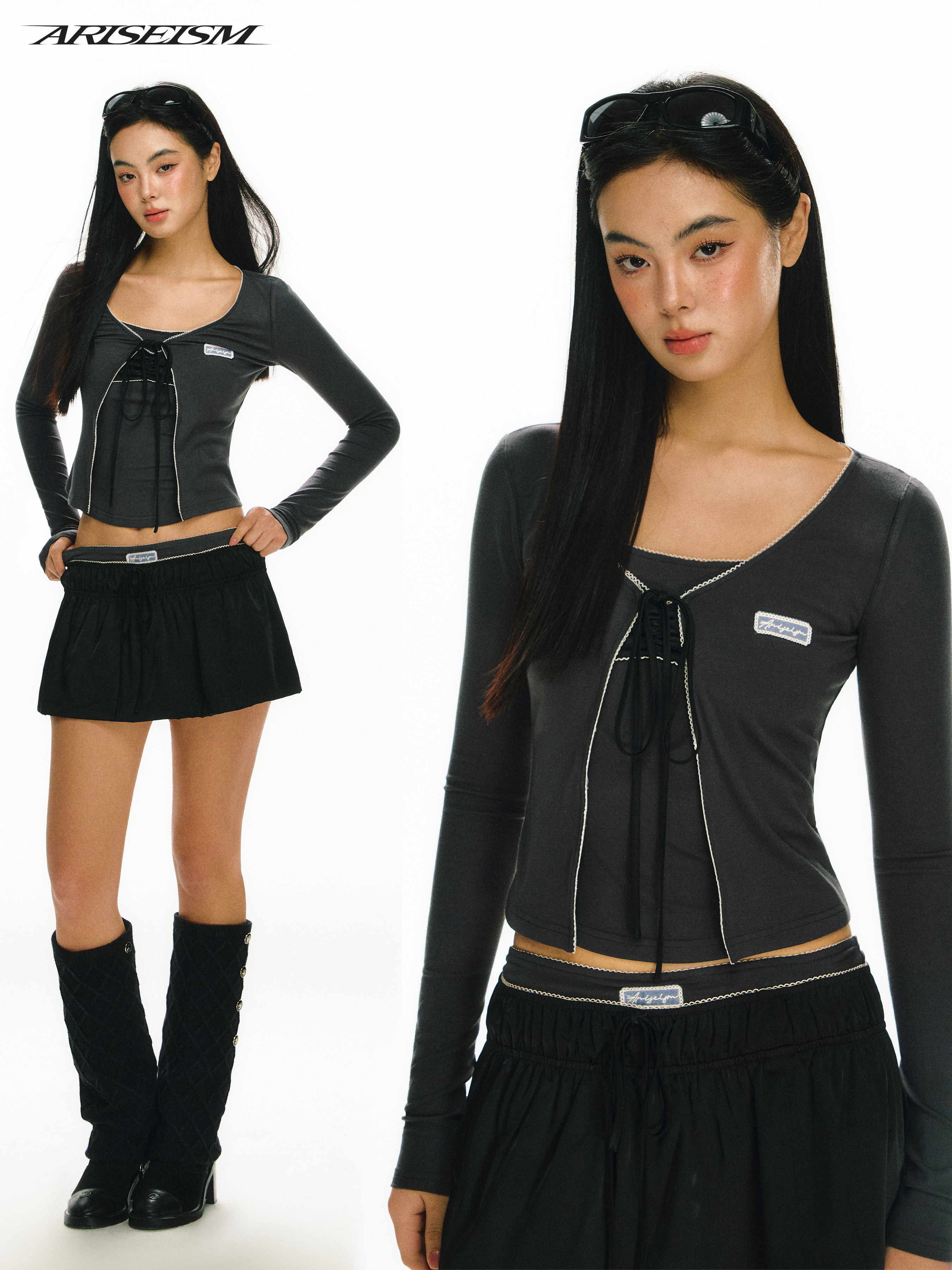 Ariseism 美式复古长袖上衣吊带半裙三件套套装女春新款