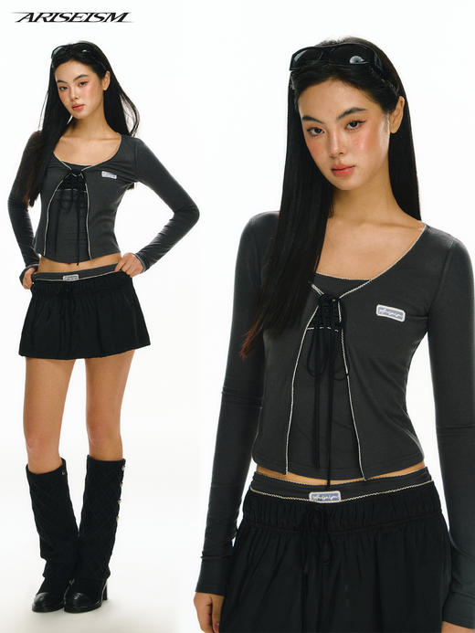 Ariseism 美式复古长袖上衣吊带半裙三件套套装女春新款 商品图0