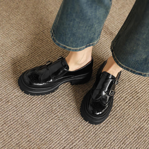 阿么手工女鞋春款厚底乐福鞋真皮英伦风复古皮带扣一脚蹬单鞋4CM 商品图3