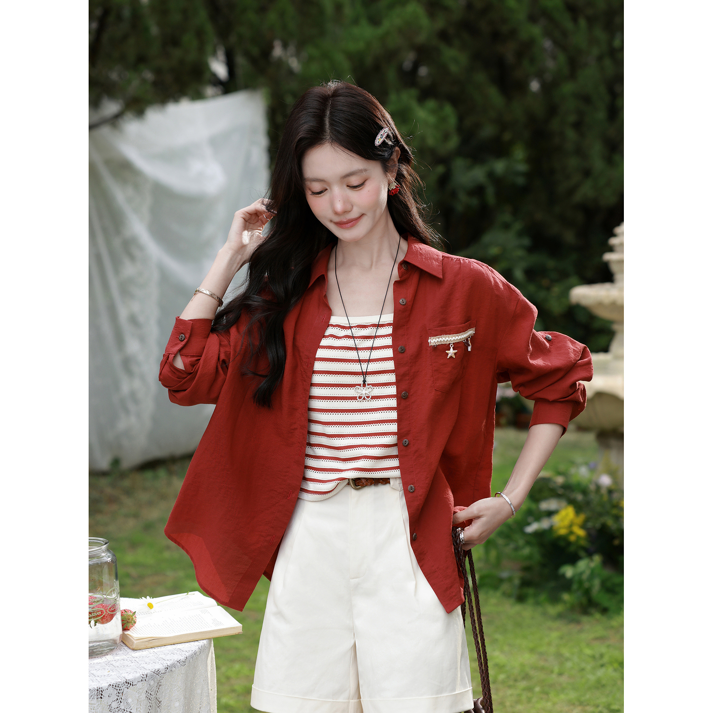 鹿向南【0331/20:00新品前1小时7折限量100件】复古红防晒衬衫