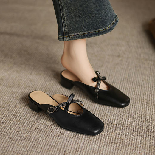 阿么手工女鞋新款一脚蹬浅口半拖包头鞋夏外穿百搭真皮穆勒鞋3CM 商品图3