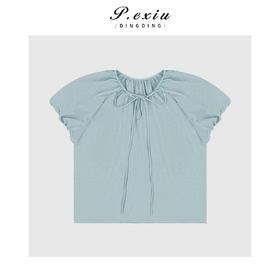 03-5潘依绣丁丁宠粉法式温柔俏皮系绳泡泡袖衬衫Q6842