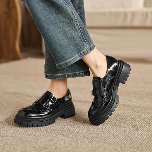 阿么手工女鞋春款厚底乐福鞋真皮英伦风复古皮带扣一脚蹬单鞋4CM 商品图1