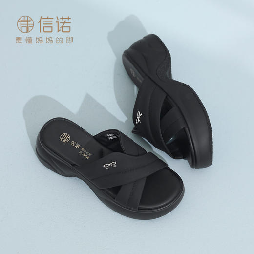 信诺妈妈鞋黑色厚底一字拖女外穿时尚百搭软底凉拖鞋2026夏季新款6L559-1T 商品图1
