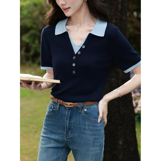 鹿向南【0330/20:00新品前一小时7折限量100件】藏蓝色T恤 商品图4