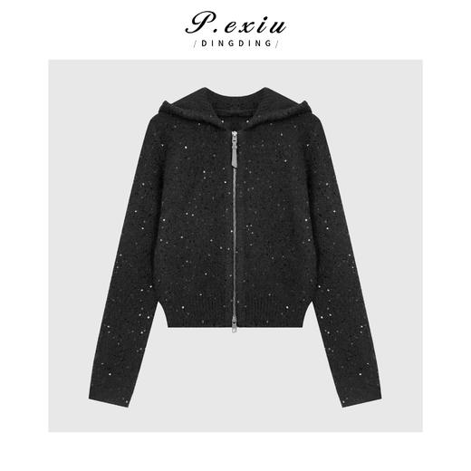 03-5潘依绣丁丁宠粉羊毛气质亮片百搭双拉链连帽长袖针织开衫Q96814 商品图0