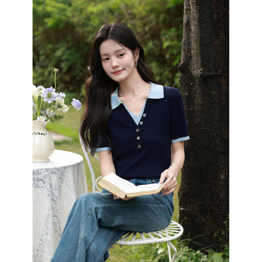 鹿向南【0330/20:00新品前一小时7折限量100件】藏蓝色T恤 商品图0