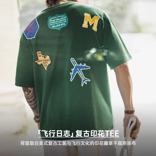 马登工装美式章仔印花T恤绿色小众圆领正肩设计感短袖上衣男款夏 商品图1