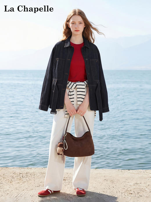 天猫同步【轻奢风牛仔】拉夏贝尔/La Chapelle翻领口袋明线廓形设计配腰带时髦牛仔上衣气质老钱风外套 商品图2