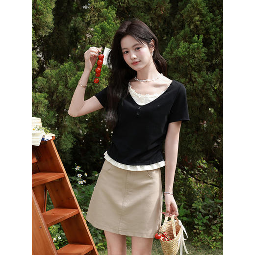 鹿向南【0331/20:00新品前1小时7折限量100件】黑色假两件短袖T恤 商品图1