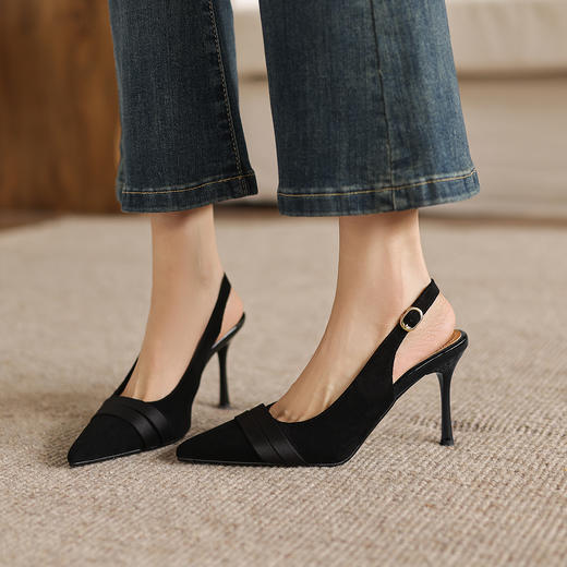 阿么手工女鞋法式细跟高跟鞋2026新款拼接绸缎后空尖头凉鞋8.5CM 商品图1