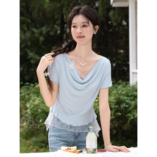 鹿向南【0330/20:00新品前一小时7折限量100件】浅蓝色T恤 商品图0